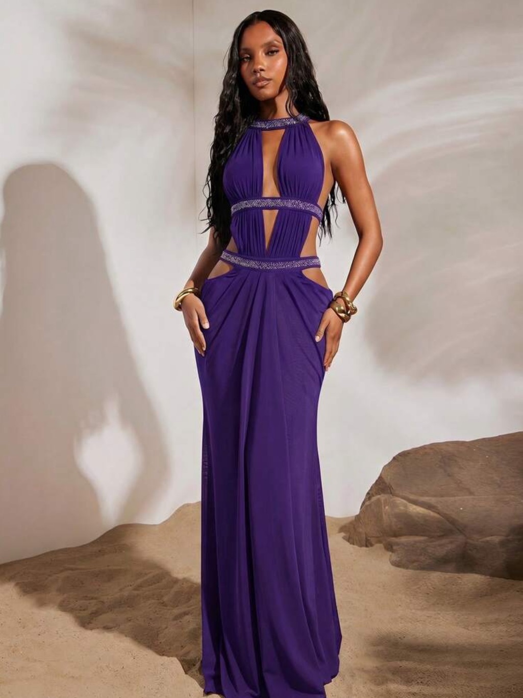 Opulessa Solid Color Knit Mesh Hollow-Out Backless Dress For Women